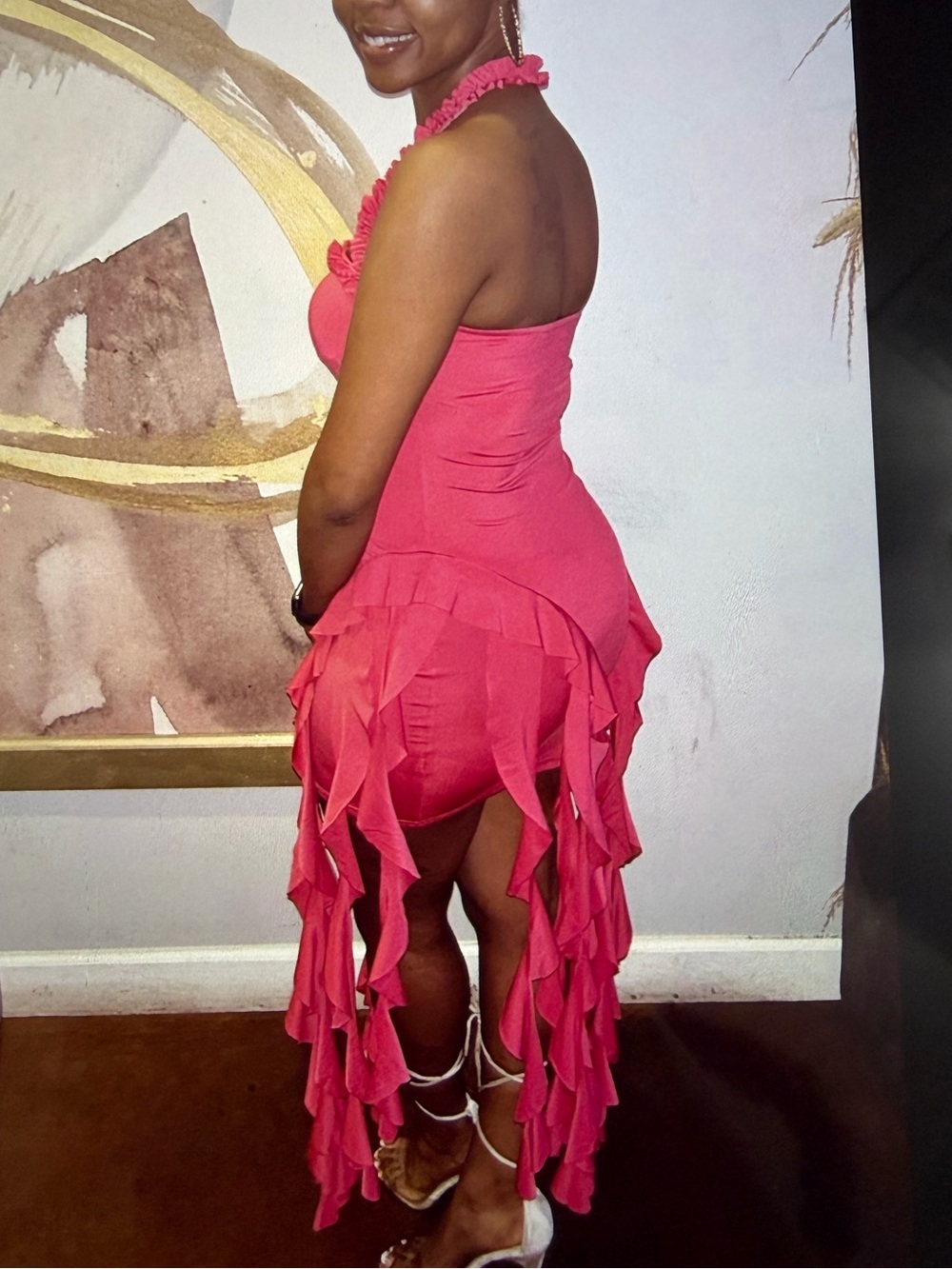 Coral Pink High-Low Ruffle Halter Dress